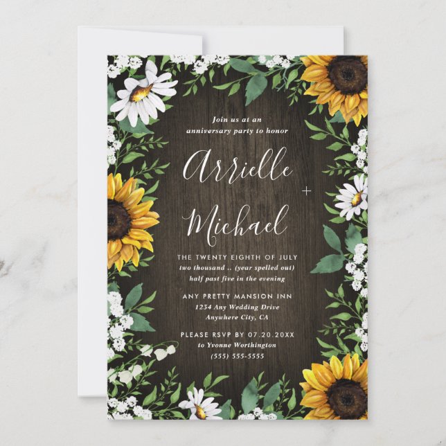 Sunflower Rustic Country Wood Anniversary Party Invitation (Front)