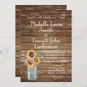 Sunflower Rustic Country Wood Barnyard Mason Jar Invitation