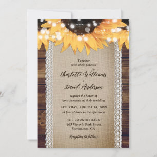 Sunflower Rustic Country Wood Burlap Lace Wedding Invitation