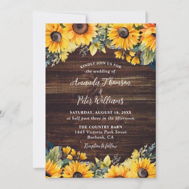 Sunflower Rustic Country Wood Floral Wedding Invitation (Front)