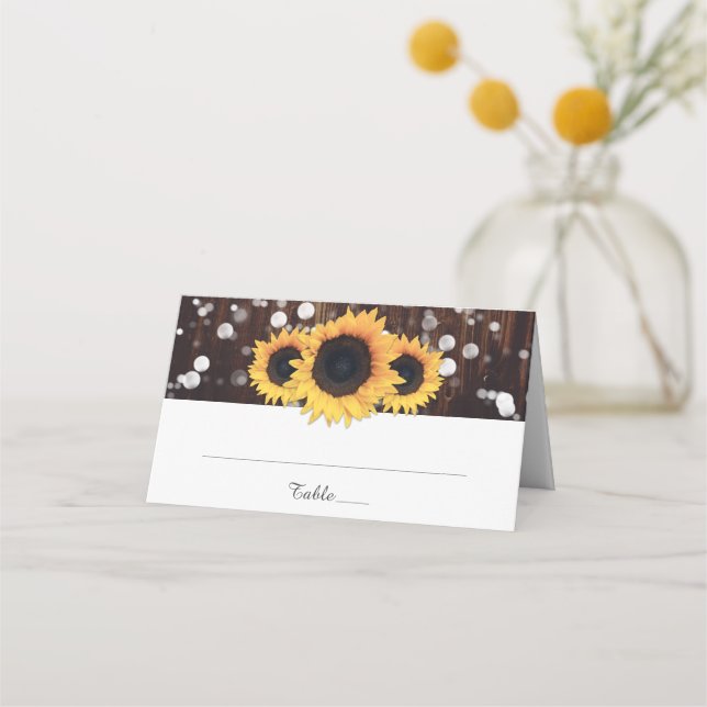 Sunflower Rustic Country Wood Lace Lights Wedding Place Card (Front)