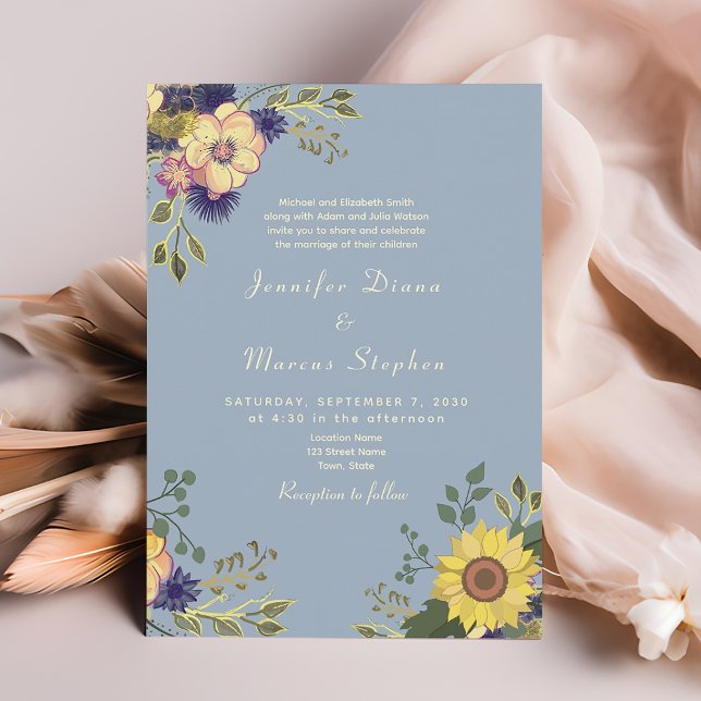 Sunflower Rustic Dusty Blue Wedding QR Code Invitation (Creator Uploaded)