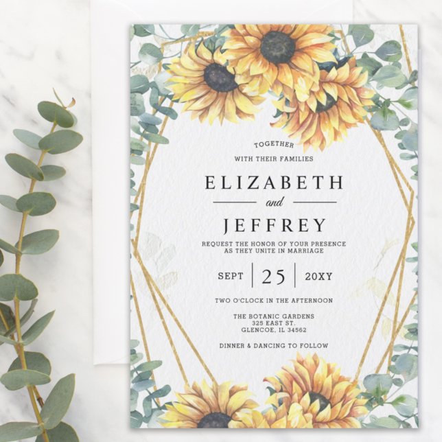 Sunflower Rustic Elegant Geometric Gold Wedding Invitation (Creator Uploaded)