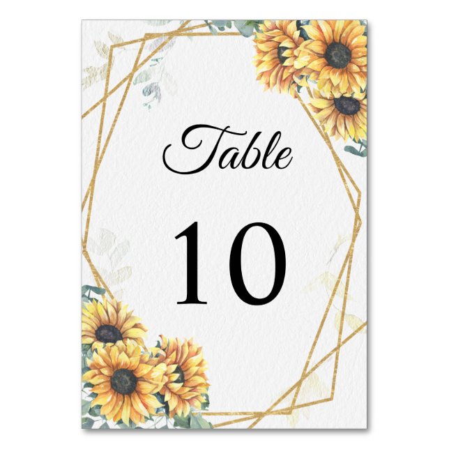 Sunflower Rustic Elegant Geometric Gold Wedding Table Number (Front)