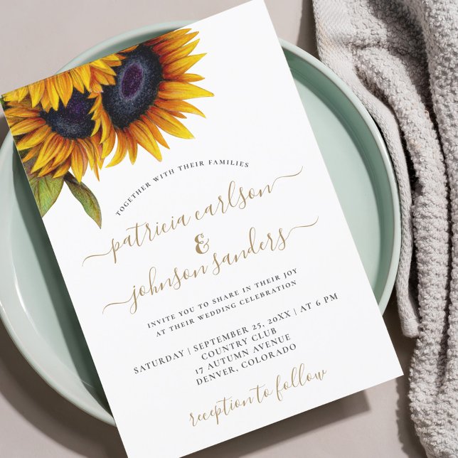 Sunflower rustic elegant gold script wedding invitation (Creator Uploaded)