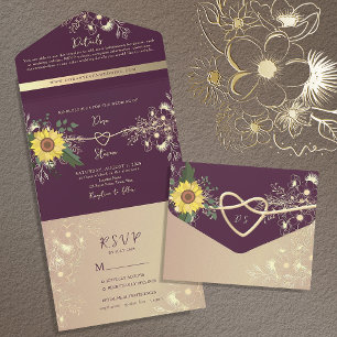 Sunflower  Rustic Elegant Purple Wedding All In One Invitation