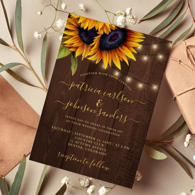 Sunflower rustic elegant script barn wood wedding invitation (Creator Uploaded)