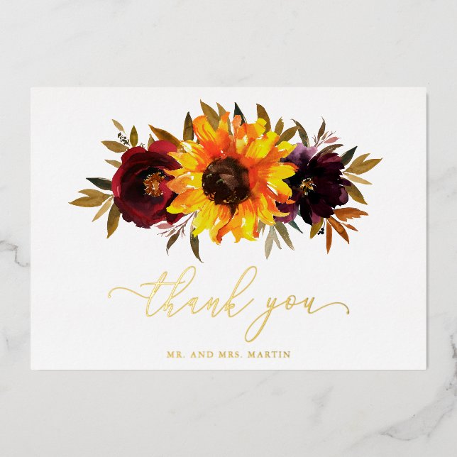 Sunflower Rustic Fall Wedding Foil Thank You Card (Front)