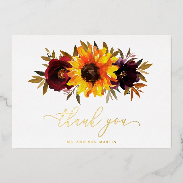 Sunflower Rustic Fall Wedding Thank You Card (Front)