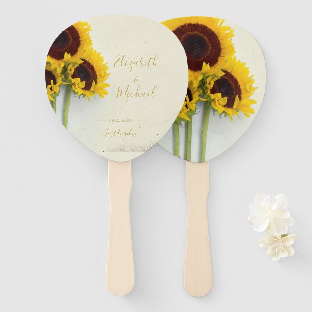 Sunflower Rustic Floral Gold Coloured Wedding Hand Fan (Front and Back)
