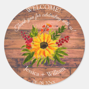 Sunflower Rustic Floral Watercolor Wood Wedding Classic Round Sticker