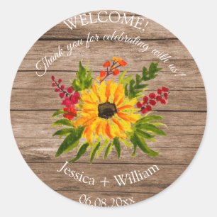 Sunflower Rustic Floral Watercolor Wood Wedding Classic Round Sticker