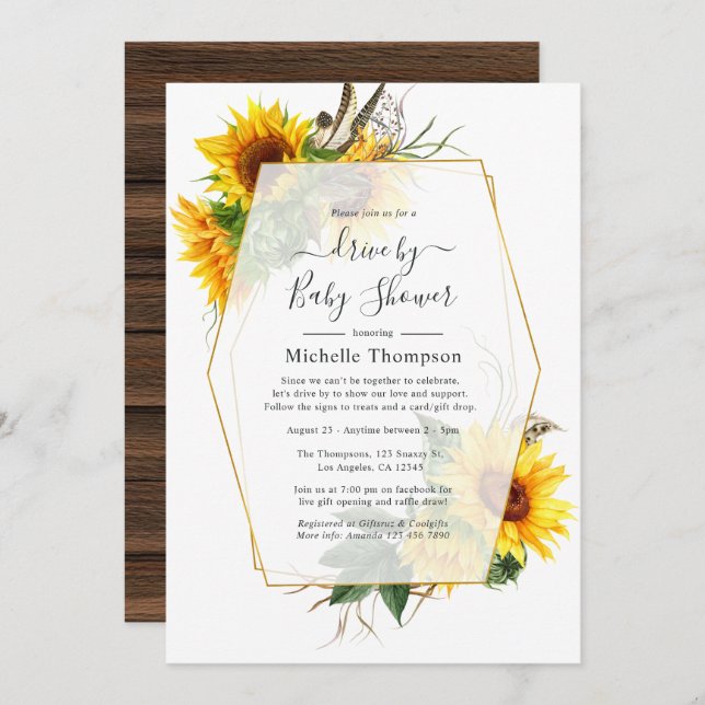 Sunflower Rustic Geometric Drive By Shower Invitation (Front/Back)