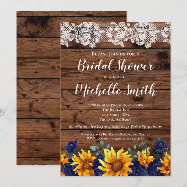 Sunflower Rustic Lace Country Blue Bridal Shower Invitation (Front/Back)