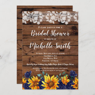 Sunflower Rustic Lace Country Blue Bridal Shower Invitation
