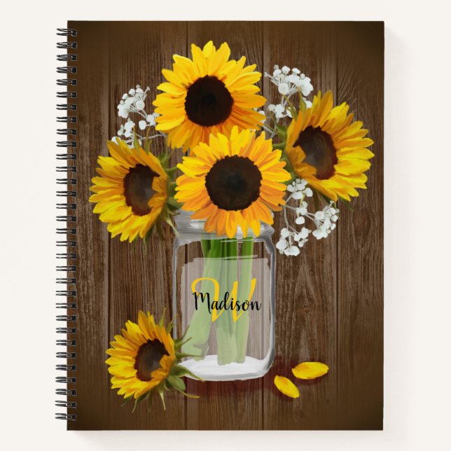 Sunflower Rustic Mason Jar Monogram Notebook (Front)
