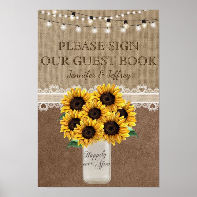 Sunflower Rustic Mason Jar Wedding Guest Book Sign (Front)