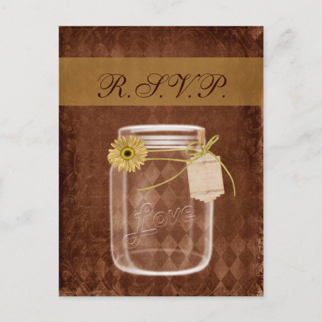 sunflower rustic mason jar wedding rsvp invitation postcard (Front)