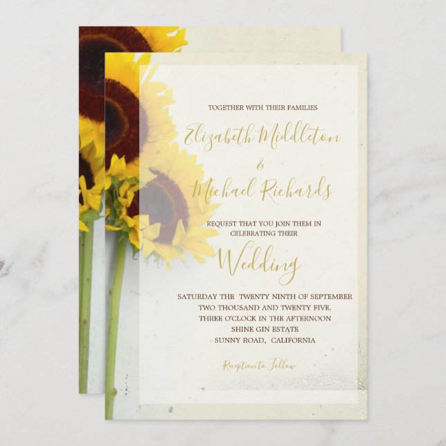 Sunflower Rustic Modern Typography Wedding Invitation (Front/Back)