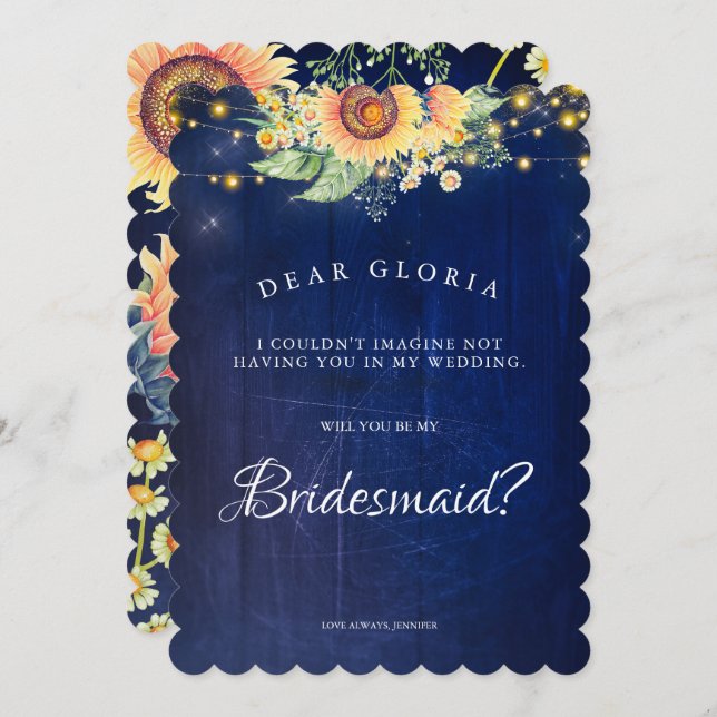 Sunflower Rustic Navy Blue Bridesmaid Proposal Invitation (Front/Back)