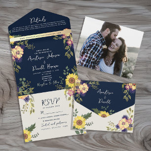 Sunflower Rustic Navy Blue Wedding All In One Invitation