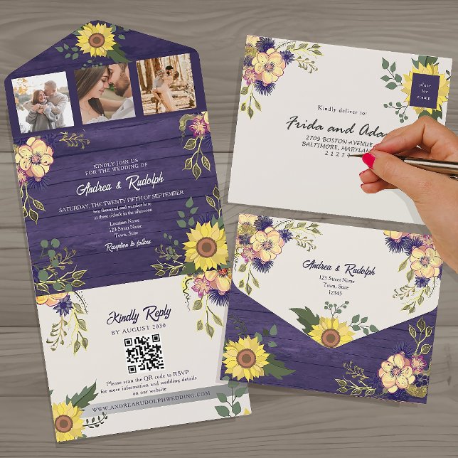 Sunflower Rustic Purple Wedding All In One Invitation (Creator Uploaded)