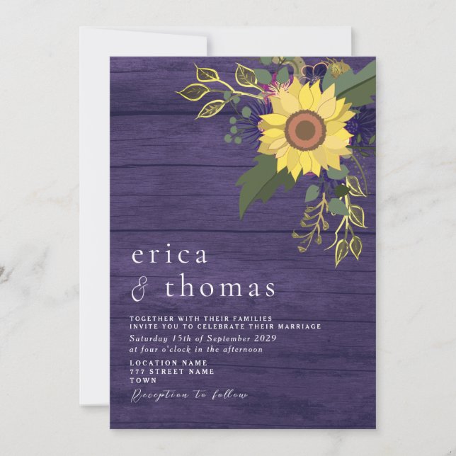 Sunflower Rustic Purple Wedding Invitation (Front)