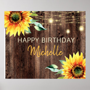 Sunflower Rustic String Lights Happy Birthday Poster