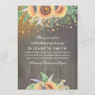 Sunflower Rustic String Lights Wood Birthday Party Invitation