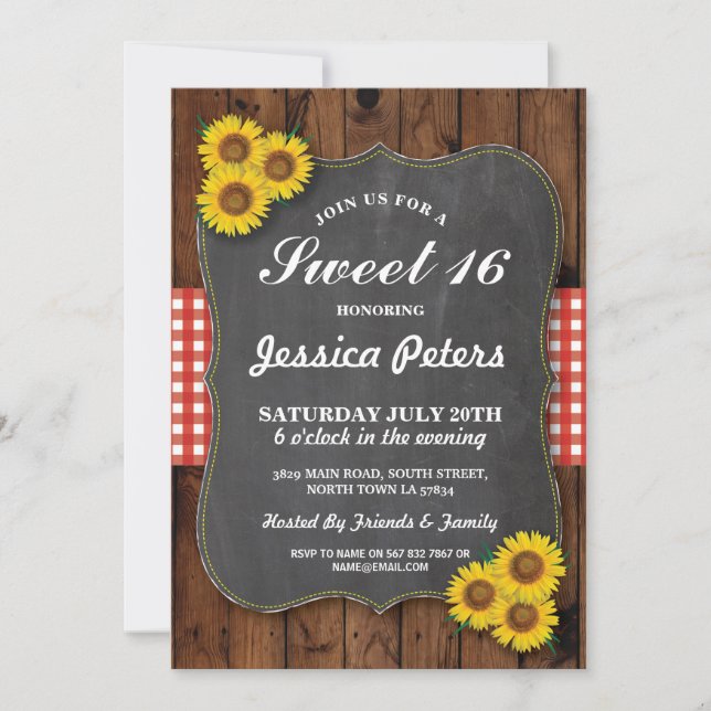 Sunflower Rustic Sweet 16 Party Chalk Wood Invite (Front)