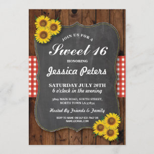 Sunflower Rustic Sweet 16 Party Chalk Wood Invite