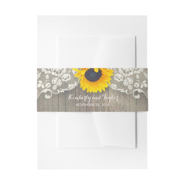 Sunflower Rustic Wood and Lace Wedding Invitation Belly Band (Front Example)