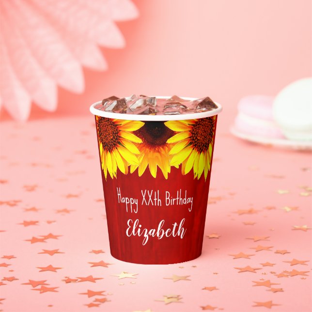 Sunflower Rustic Wood Birthday Paper Cups (Insitu)