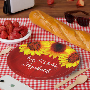 Sunflower Rustic Wood Birthday Paper Plate