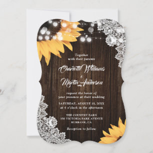 Sunflower Rustic Wood Burlap Floral Lace Wedding Invitation