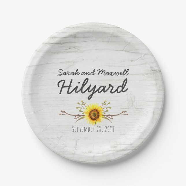 Sunflower & Rustic Wood Farm Country Wedding Paper Plate (Front)