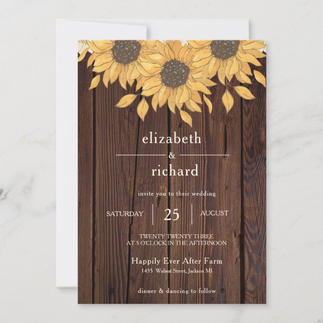 Sunflower Rustic Wood Farm Style Wedding  Invitation (Front)