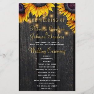 Sunflower rustic wood gold lights wedding ceremony
