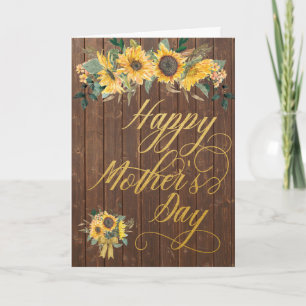 Sunflower Rustic Wood Gold Script Mother's Day Card