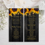 Sunflower rustic wood gold script wedding program<br><div class="desc">Elegant rustic sunflower wood wedding ceremony program template featuring beautiful bright yellow orange sunflowers bouquets and strings of twinkle lights on a country style dark brown wooden background. Personalise it with your your details on both sides. Suitable for rustic country vintage traditional chic summer garden or autumn fall outdoor backyard...</div>