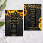 Sunflower rustic wood gold script wedding program<br><div class="desc">Elegant rustic budget wedding ceremony program template featuring beautiful bright yellow orange sunflowers bouquets and strings of twinkle lights on a country style dark brown wooden background.               Personalise it with your your details.            Suitable for rustic country vintage chic summer garden | autumn fall outdoor weddings.</div>