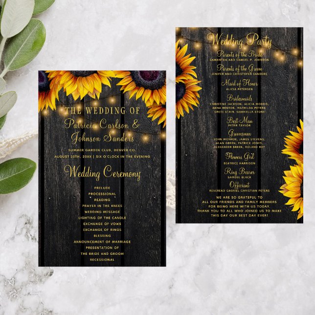 Sunflower rustic wood gold script wedding program (Creator Uploaded)