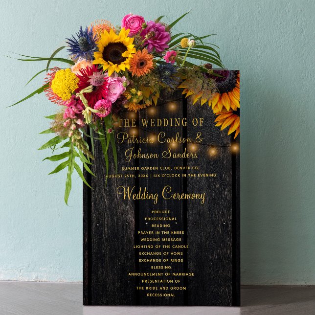 Sunflower rustic wood gold script wedding program flyer (Creator Uploaded)
