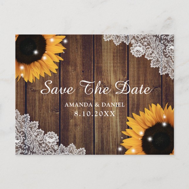 Sunflower Rustic Wood Lace Wedding Save The Date Postcard (Front)
