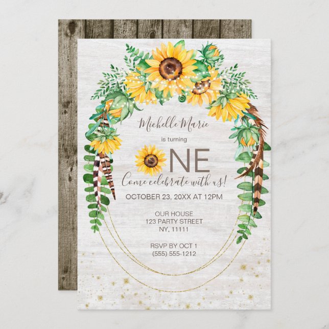 Sunflower Rustic Wood Lights First Birthday Invitation (Front/Back)