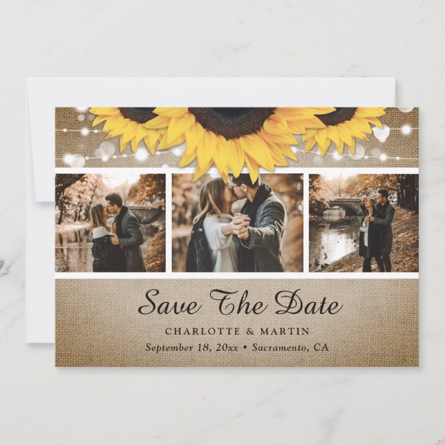 Sunflower Rustic Wood Lights Wedding Photo Save The Date (Front)