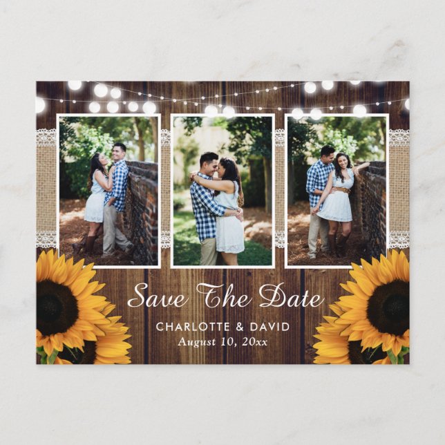 Sunflower Rustic Wood Photo Save The Date Announcement Postcard (Front)