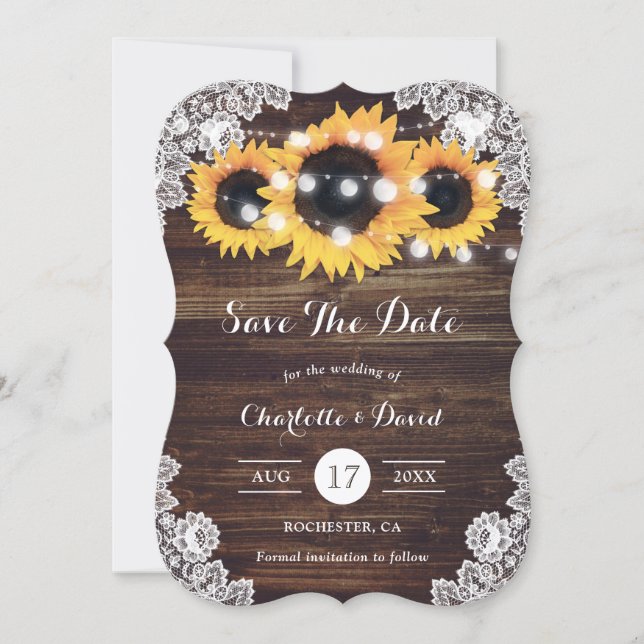 Sunflower Rustic Wood String Lights Floral Lace Save The Date (Front)