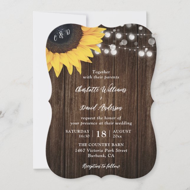 Sunflower Rustic Wood String Lights Wedding Invitation (Front)