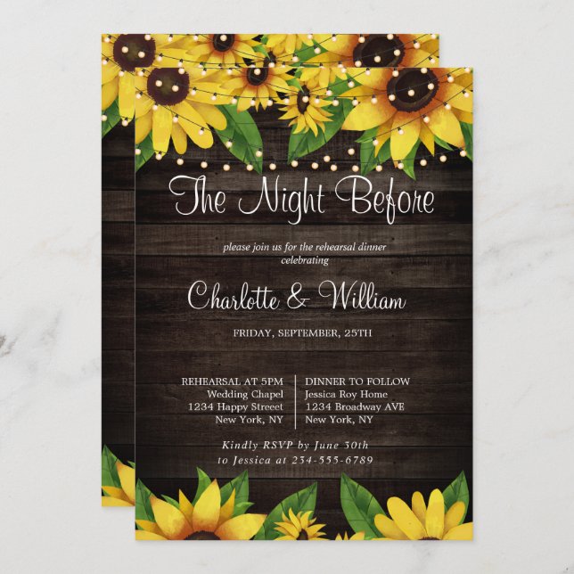 Sunflower Rustic Wood String Rehearsal Dinner Invitation (Front/Back)